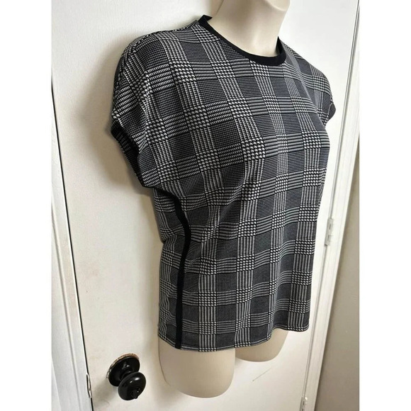 Lauren Ralph Lauren Top Large L Black Plaid Grid Round Short Sleeve Stretch B2 # - Picture 2 of 6
